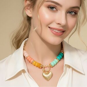 Textured Metal Heart Carabiner Pendant Colorful Chunky Beaded Statement Necklace
